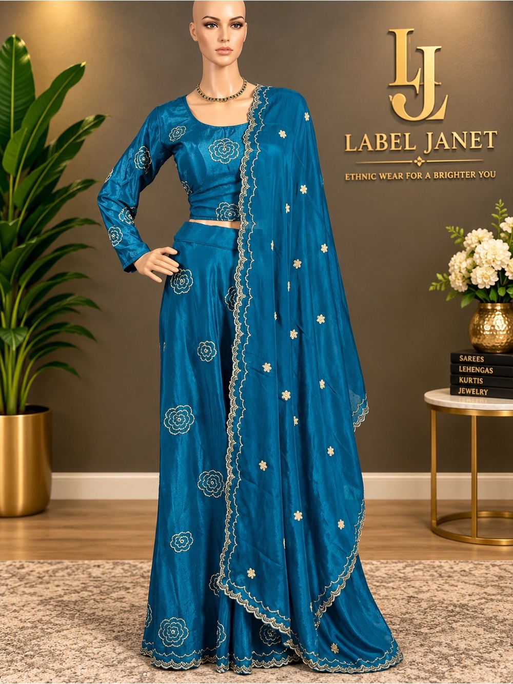 Teal Blue Embroidered Women's Skirt Set,Size - M (38”)